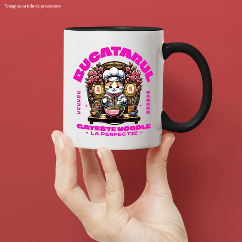 Cana Personalizata Pisică bucătar personalizată cu pălărie și flori roz – „Bucătarul gătește noodles la perfecție” – Cadou amuzant [1]