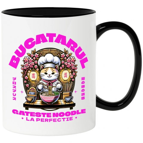 Mancare - Cana Personalizata Pisică bucătar personalizată cu pălărie și flori roz – „Bucătarul gătește noodles la perfecție” – Cadou amuzant