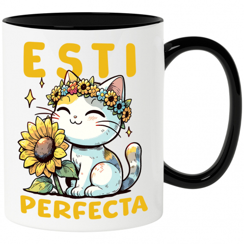 Pisici - Cana Personalizata "Pisică Veselă cu Coroană de Floare Soarelui - Mesaj 'Ești Perfectă'"