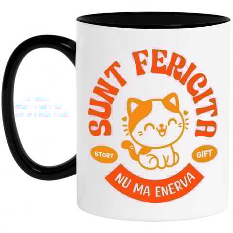 Căni - Cana Personalizata Pisică Veselă Portocalie „Sunt Fericită, Nu Mă Enerva” – Cadou Personalizat Pentru Iubitorii De Pisici