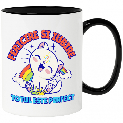 Pisici - Cana Personalizata "Pisica Veselă cu Curcubeu - Cadou Fericire și Iubire Personalizat"