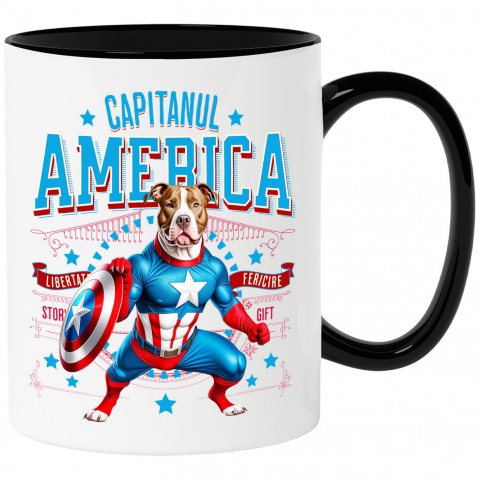 Cani Personalizate - Cana Personalizata Pitbull în Costum Captain America cu Pelerină - Cadou Personalizat pentru Copii și Iubitorii de Câini