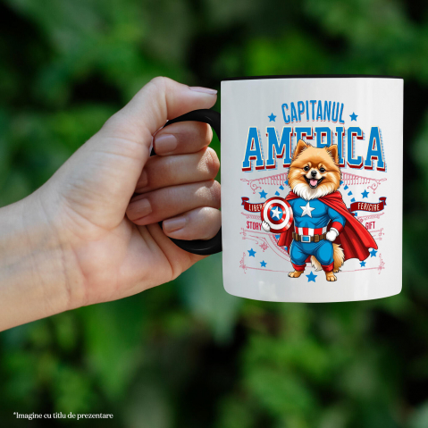 Cana Personalizata Pomeranian în Costum de Captain America cu Pelerină - Cadou Personalizat pentru Copii și Iubitorii de Câini [1]
