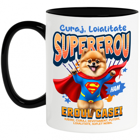 Căni - Cana Personalizata Pomeranian și Pisică în Costum de Superman – Produse Personalizate pentru Copii și Familie