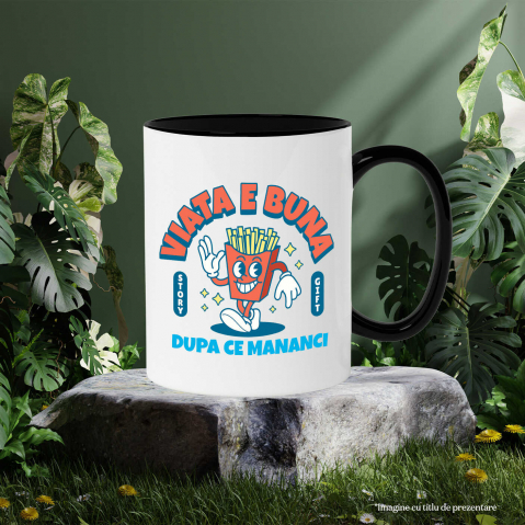 Cana Personalizata Porție Cartofi Prajiți Veselă cu Mesaj „Viața E Bună După Ce Mănânci Fast Food” - Cadouri Amuzante pentru Familie și Prieteni [2]