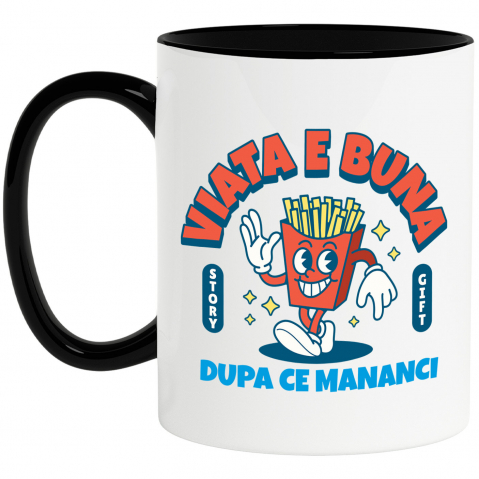Cu Fotografie - Cana Personalizata Porție Cartofi Prajiți Veselă cu Mesaj „Viața E Bună După Ce Mănânci Fast Food” - Cadouri Amuzante pentru Familie și Prieteni