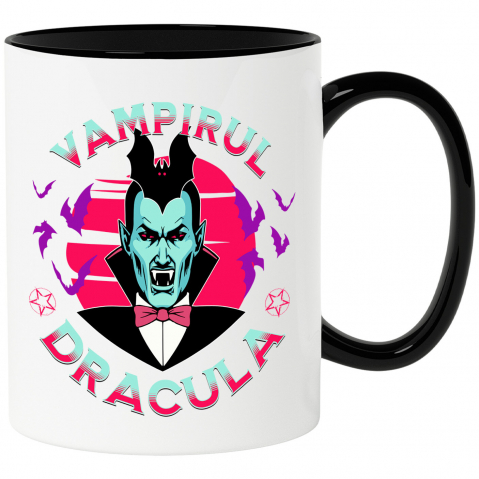 BASME - Cana Personalizata „Portret Dracula și Vlad Țepeș Personalizat cu Lilieci – Cadouri Tematice Halloween pentru Familie și Copii”