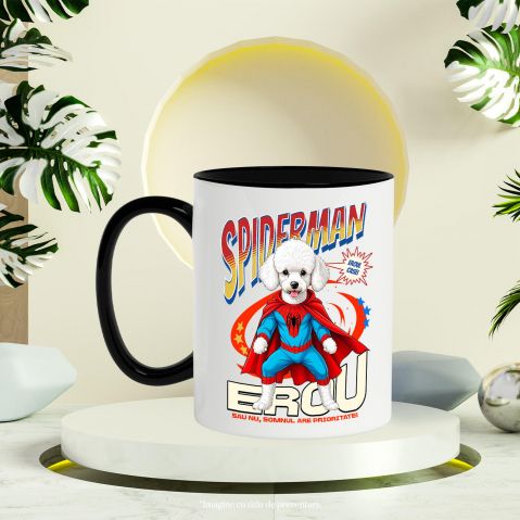 Cana Personalizata Pudel în Costum Spider-Man cu Pelerină - Cadou Personalizat pentru Copii și Iubitorii de Câini [2]