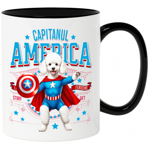 Supereroi - Cana Personalizata Pisica Pudel în Costum de Captain America cu Pelerină - Cadou Personalizat pentru Copii și Iubitorii de Pisici