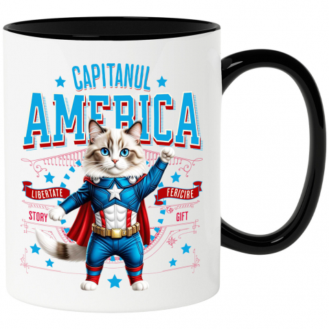 Cani Personalizate - Cana Personalizata Pisica Ragdoll în Costum de Captain America cu Pelerină - Cadou Personalizat pentru Copii și Iubitorii de Pisici
