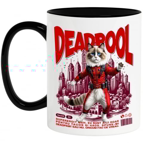 Supereroi - Cana Personalizata Pisică Ragdoll în Costum Deadpool – Supererou Amuzant pentru Iubitorii de Pisici