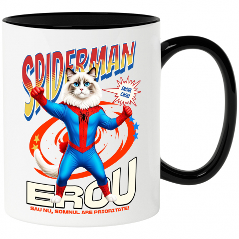 Cani Personalizate - Cana Personalizata Ragdoll Pisică în Costum Spider-Man cu Pelerină - Cadou Personalizat pentru Iubitorii de Pisici și Copii