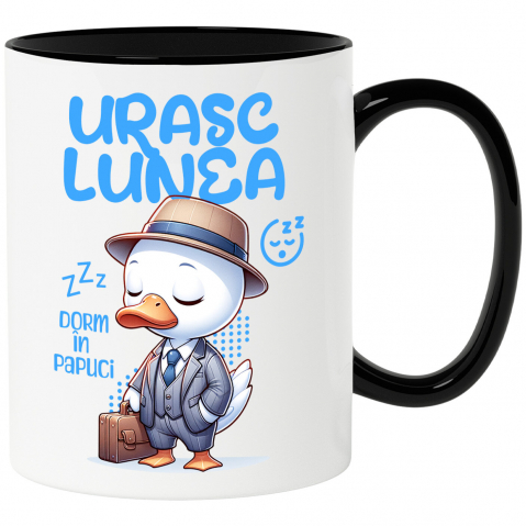 Cana Personalizata Rata Albă Elegantă cu Costum și Servietă „Urăsc Lunea, Dorm în Papuci” - Cadou Haios