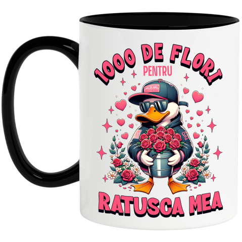 Căni - Cana Personalizata „Rață Albă Cu Buchet de Trandafiri - Cadou Haios „1000 De Flori Pentru Rață mea” pentru Familie, Copii și Prieteni”