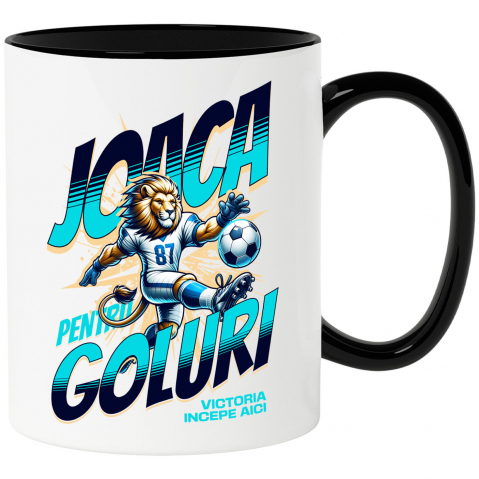 Cani Personalizate - Cana Personalizata Regele Leu Jucător Fotbal – Uniformă Albastră și Lovitură Minge Motivatională