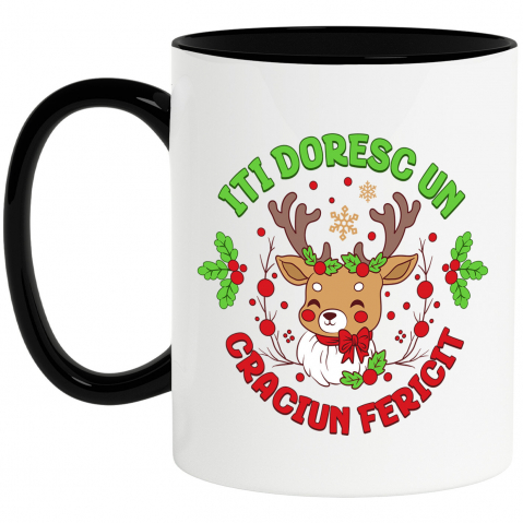 Craciun - Cana Personalizata Ren cu Coarne Lungi Impodobite - Îți Doresc Un Crăciun Fericit