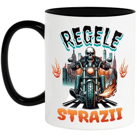 Motociclete - Cana Personalizata Schelet Motociclist în Geacă de Piele – Flăcări și Oraș Noaptea