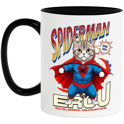 Cani Personalizate - Cana Personalizata Pisică Scottish Fold în Costum Spider-Man - Cadou Personalizat pentru Iubitorii de Pisici și Copii