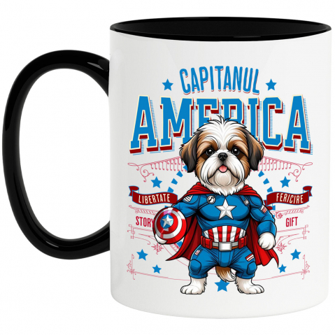 Cani Personalizate - Cana Personalizata Shih Tzu în Costum de Captain America cu Pelerină - Cadou Personalizat pentru Copii și Iubitorii de Câini