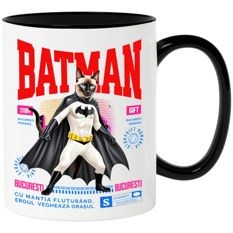 Supereroi - Cana Personalizata Pisica Siamez în Costum de Batman – Supereroul Perfect pentru Iubitorii de Pisici și Copii