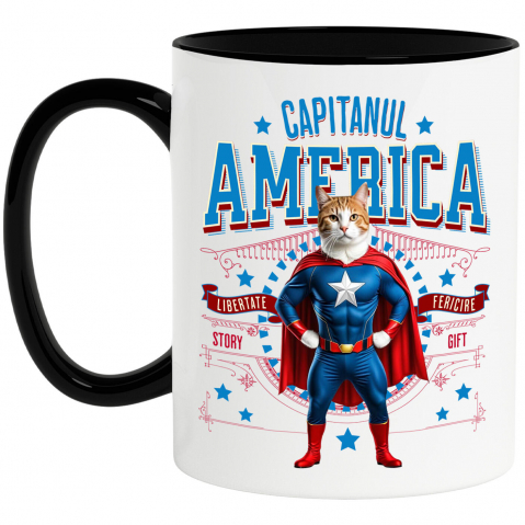 Cani Personalizate - Cana Personalizata Pisica Siameză în Costum de Captain America cu Pelerină - Cadou Personalizat pentru Copii și Iubitorii de Pisici