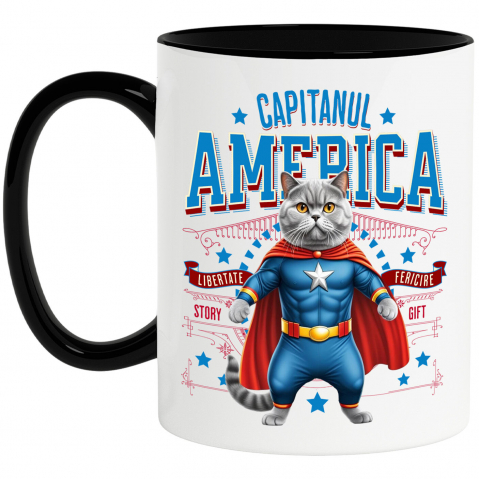 Supereroi - Cana Personalizata Pisica Siameză în Costum de Captain America cu Pelerină - Cadou Personalizat pentru Copii și Iubitorii de Pisici