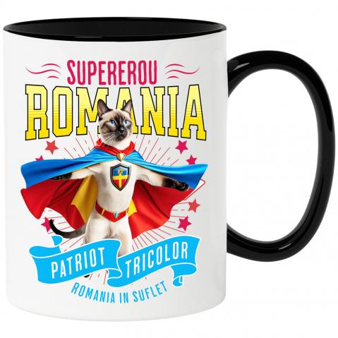 Căni - Cana Personalizata Pisică Siameză Supererou – Costum Căpitan România, Cadou Personalizat