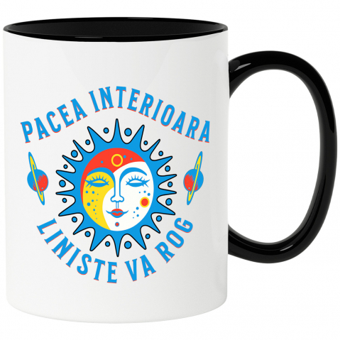 Mixed - Cana Personalizata Soare cu Chip Feminin și Planete Zburătoare - „Pacea Interioară, Liniște, Vă Rog” - Cadou Motivațional