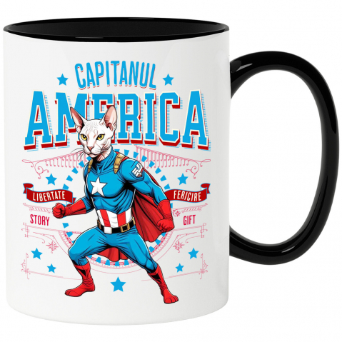 Cadouri Pentru Cupluri - Cana Personalizata Pisica Sphynx în Costum de Captain America cu Pelerină - Cadou Personalizat pentru Copii și Iubitorii de Pisici