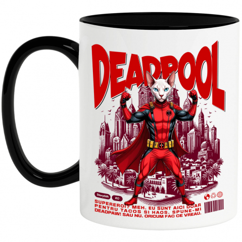 Supereroi - Cana Personalizata Pisică Sphynx în Costum Deadpool – Supererou Haioș pentru Iubitorii de Animale