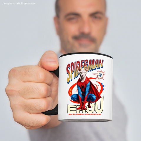 Cana Personalizata Pisică Sphynx în Costum Spider-Man cu Pelerină - Cadou Personalizat pentru Iubitorii de Pisici și Copii [1]