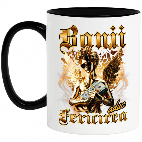 INGERI - Cana Personalizata Statuie de Aur cu Aripi și Ochelari de Soare - Cadou Motivațional Banii Aduc Fericire