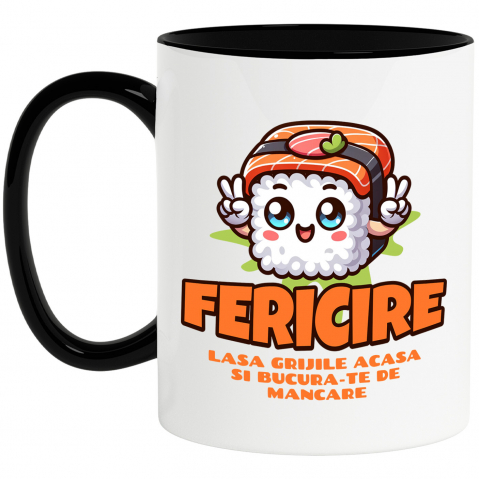 Mancare - Cana Personalizata Sushi personalizat cu semnul păcii și mesaj „Fericire, lasă grijile acasă” – Cadou perfect pentru iubitorii de mâncare asiatică