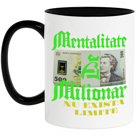 BANI - Cana Personalizata Teanc cu Elastic Bancnote 500 Lei – „Mentalitate de Milionar, Nu Există Limite” – Cadou Personalizat pentru Familie, Tati, Copii, Prieteni