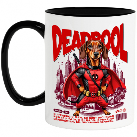 Cadouri Pentru Cupluri - Cana Personalizata Teckel / Dachshund în Costum Deadpool - Cadou Personalizat pentru Copii și Familie