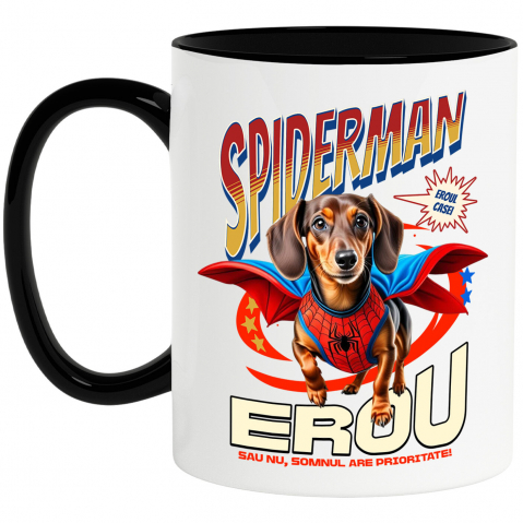 Cani Personalizate - Cana Personalizata Teckel (Dachshund) în Costum Spider-Man - Cadou Personalizat pentru Copii și Familie