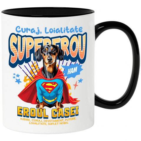 Supereroi - Cana Personalizata Teckel în Costum de Superman – Cadouri Personalizate pentru Familie și Copii