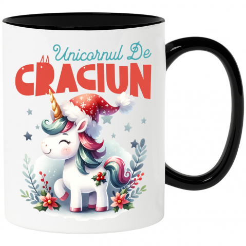 Craciun - Cana Personalizata Unicorn Vesel Roz cu Căciulă de Moș Crăciun – Cadouri Personalizate pentru Crăciun Magic
