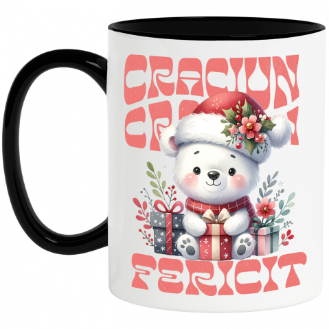 Cana Personalizata Urs Alb cu Fular și Căciulă Moș Crăciun – Cadouri Colorate pentru un Crăciun Fericit