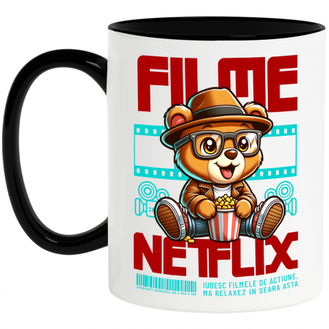 Cadouri Pentru Copii - Cana Personalizata Urs Brun cu Ochelari și Popcorn - Cadouri Personalizate pentru Copii și Familie, Cinema