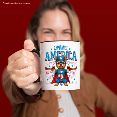 Cana Personalizata Yorkshire Terrier în Costum Captain America cu Pelerină - Cadou Personalizat pentru Copii și Iubitorii de Câini [1]