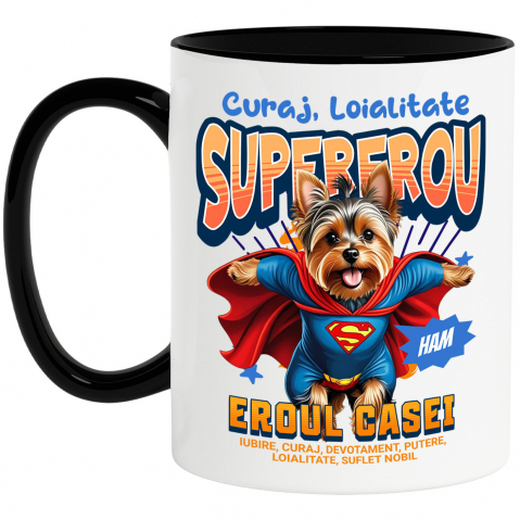 Căni - Cana Personalizata Yorkshire Terrier în Costum de Superman – Produse Personalizate pentru Familie și Copii