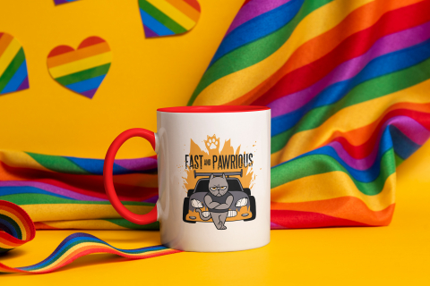 Cana Personalizata Pisica, Masini Rapide, Fast and Pawrious, 330 ml, Cu Manerul Rosu, Multicolor [1]