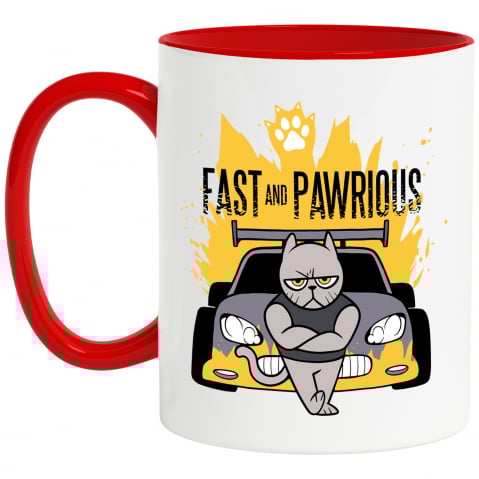 Maner Rosu - Cana Personalizata Pisica, Masini Rapide, Fast and Pawrious, 330 ml, Cu Manerul Rosu, Multicolor