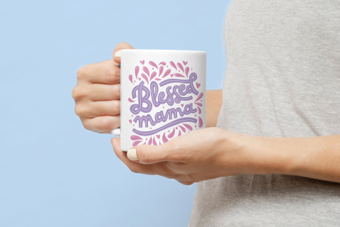 Cana Personalizata Special Pentru Mame Cu Mesajul "Binecuvantata Mama", Ceramica, 330 ml, Roz, Mov [2]