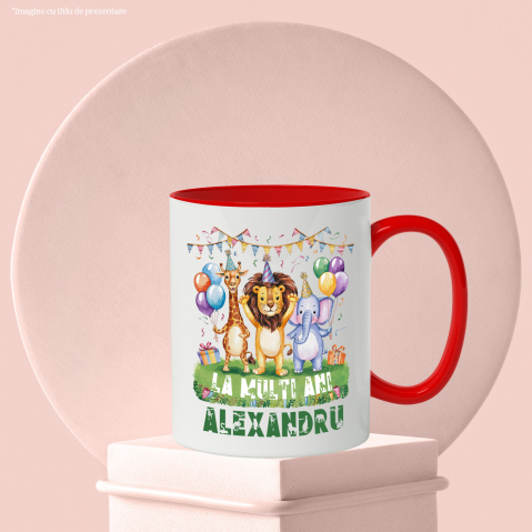 Cana Petrecere Animale, Zi Aniversara, Urare La Multi Ani Nume Personalizat, Copii cu Maner si Interior Rosu [2]