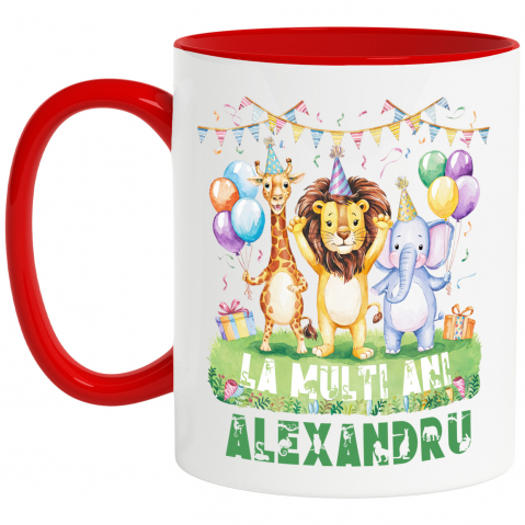 Cani Personalizate - Cana Petrecere Animale, Zi Aniversara, Urare La Multi Ani Nume Personalizat, Copii cu Maner si Interior Rosu