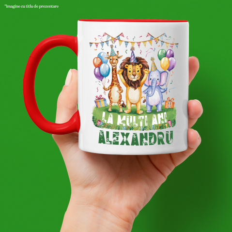 Cana Petrecere Animale, Zi Aniversara, Urare La Multi Ani Nume Personalizat, Copii cu Maner si Interior Rosu [1]