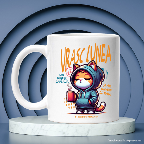 Cana Pisica cu Hanorac Si Cana De Cafea  Text Haios Urasc Lunea Dra Iubesc Cafeaua, 330ml, Ceramic cu Maner Alb [2]