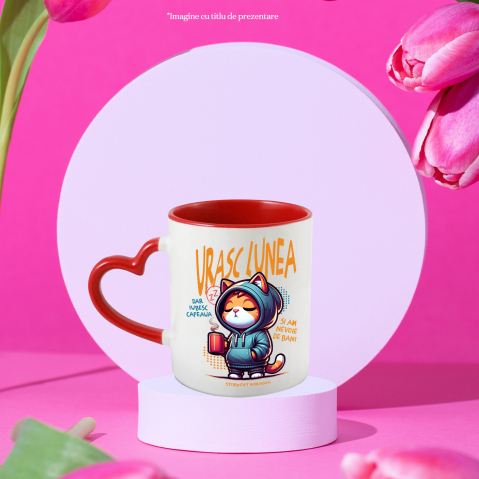 Cana Pisica cu Hanorac Si Cana De Cafea  Text Haios Urasc Lunea Dra Iubesc Cafeaua, 330ml, Ceramica cu Maner Inima Rosie [1]